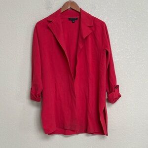 Ann Taylor Red Open Front Sweater Jacket Blazer Roll Tab Sleeve Knit Cardigan S
